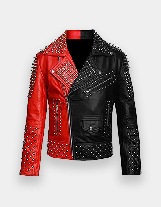 Men's Red & Black Full Studded Leather Jacket, Biker-Jacke mit Nieten